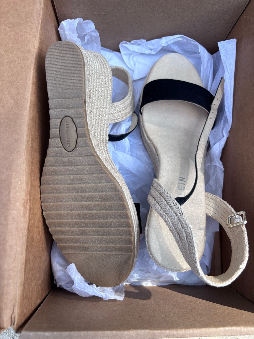 Anne Klein Beige and Black Espadrille Wedge Sandals